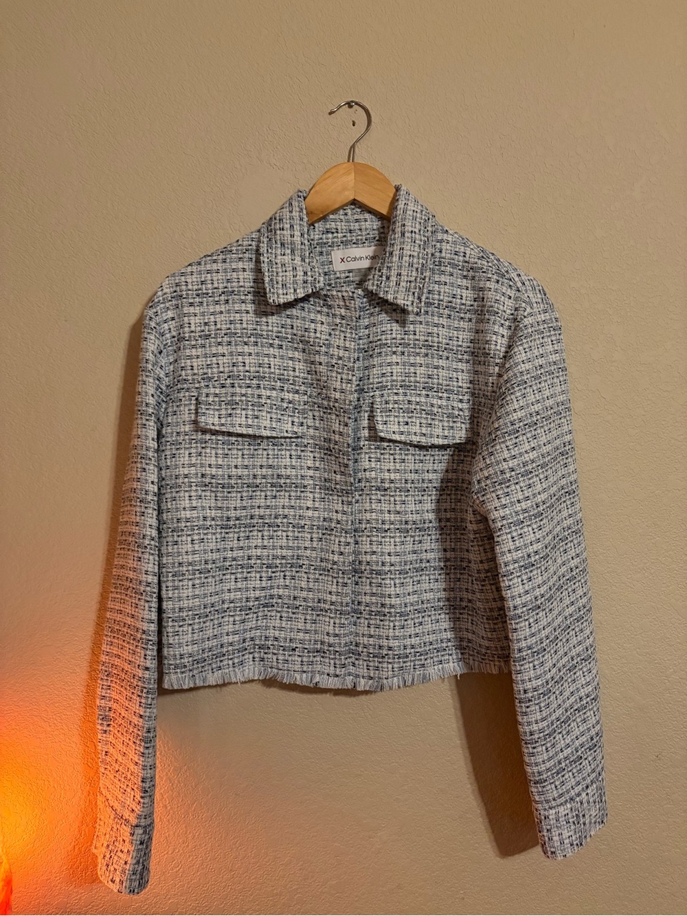 Calvin Klein Light Blue and Gray Tweed Cropped Blazer